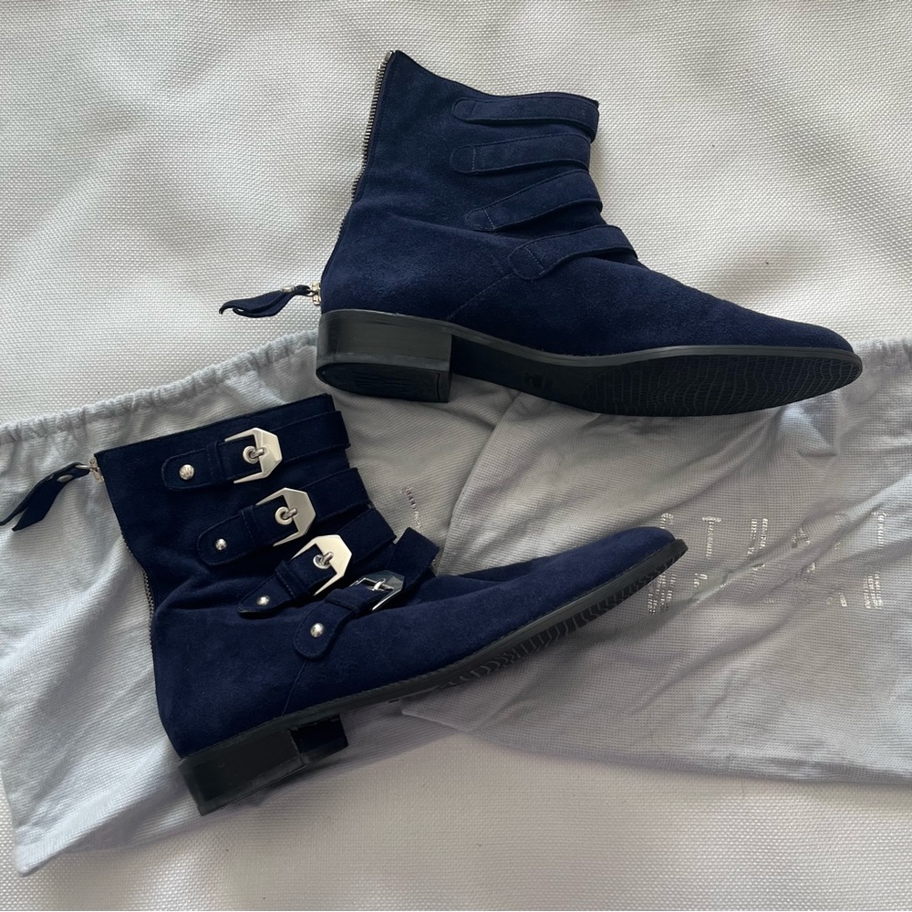 Stuart Weitzman Jitterbug Suede Moto Boot Navy 7.5 With Duster